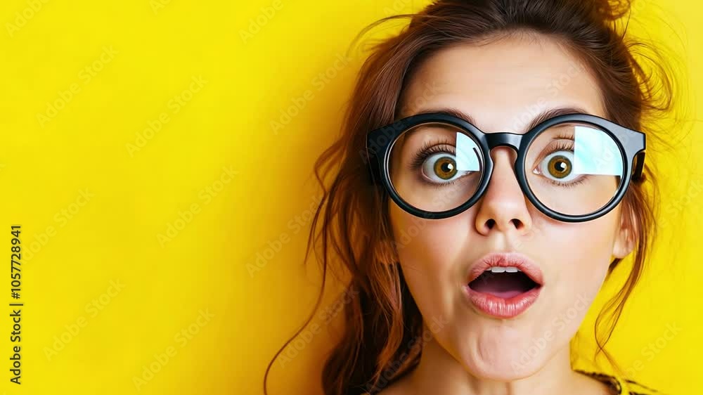 A funny young woman with big glasses expresses excitement and surprise, standing in front of a vibrant yellow backdrop, copy space A funny young woman with big glasses expresses excitement and surprise, standing in front of a vibrant yellow backdrop, copy space