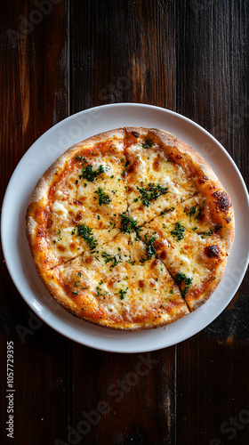 Freshly prepared pizza margherita sits on a white plate on a rustic wooden table, waiting to be savored