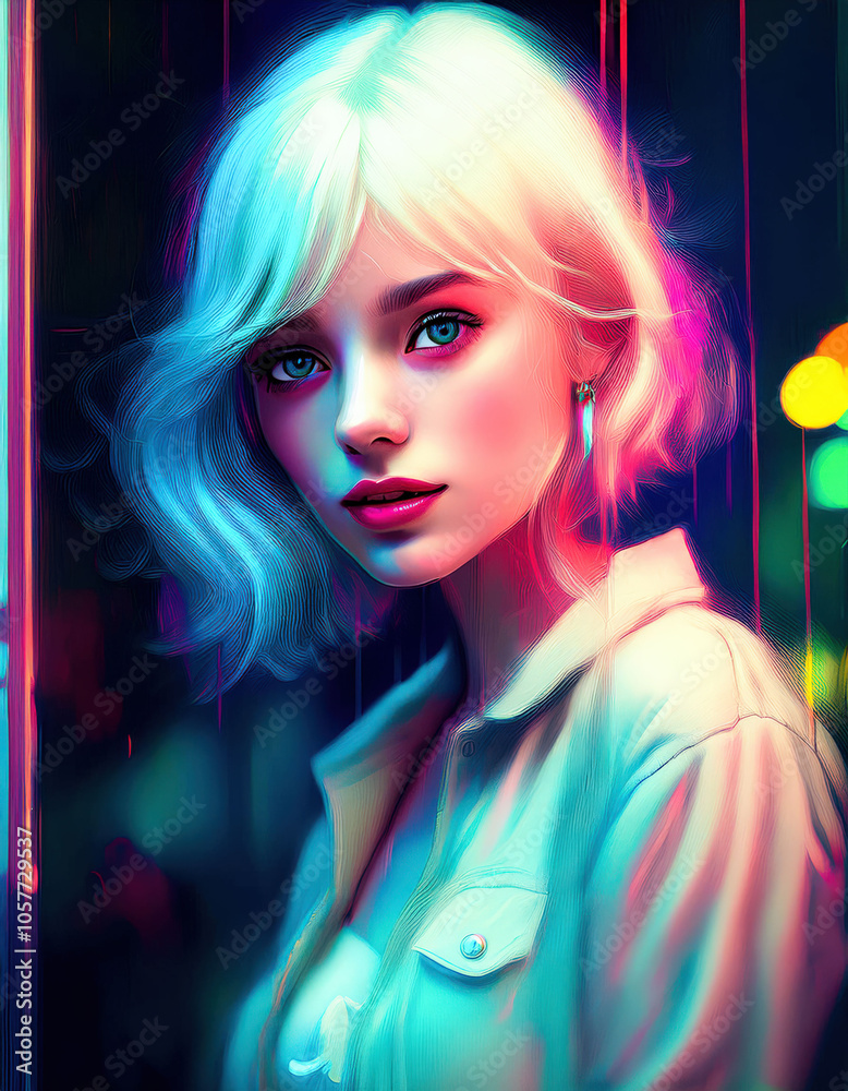 A young woman posing for the camera, captured with a blur effect, as if photographed through a store window, in vibrant, intense colors. A young woman posing for the camera, captured with a blur effect, as if photographed through a store window, in vibrant, intense colors.