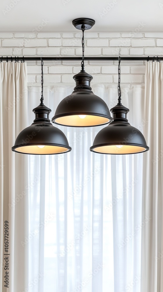 Obraz premium Modern pendant lights illuminate a cozy white room with sheer curtains and a stylish brick wall for minimalist elegance
