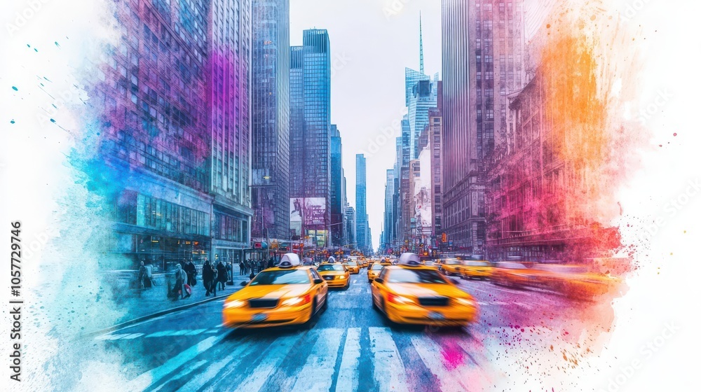 Obraz premium Vibrant cityscape with yellow taxis speeding down a bustling avenue, urban energy in soft hues watercolor