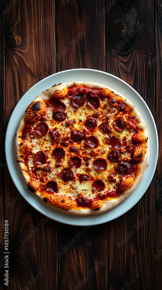 Delicious pepperoni pizza with melted mozzarella cheese lying on white plate on wooden table Delicious pepperoni pizza with melted mozzarella cheese lying on white plate on wooden table