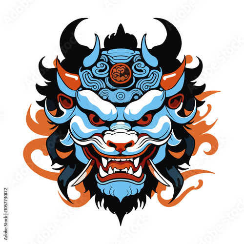 Drawing tattoo sketch with mask of foo dog, oni, samurai, yakuza, demon, seabed blue details japanese style, japanese style, black and white, orange and red details, vector lines, realism, dark style photo