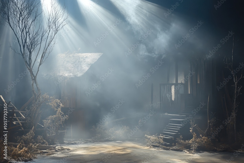 Fototapeta premium A Misty Clearing with Sunbeams Illuminating a Decaying House