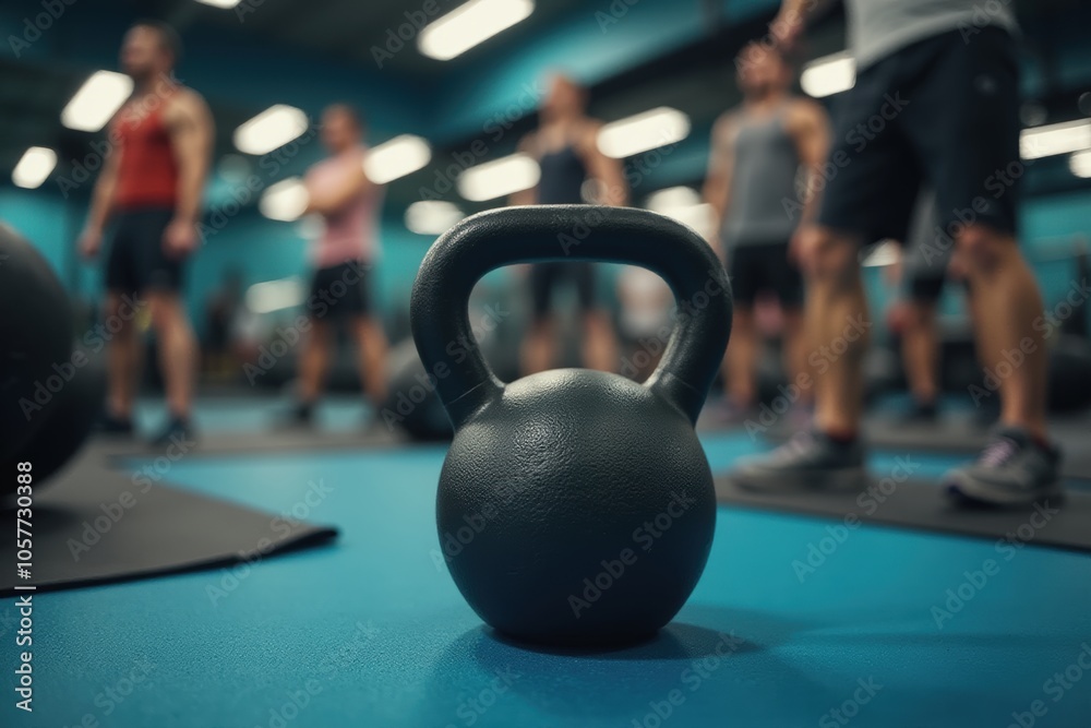 Fototapeta premium Intense fitness training with kettlebell in a gym environment, perfect for workout motivation and exercise routines.