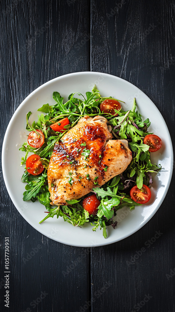 White plate with grilled chicken breast, fresh arugula, and cherry tomatoes