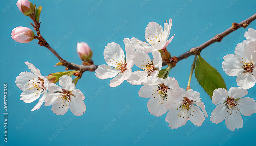 A branch of cherry blossoms showcases white blooms and pink buds against a vibrant blue sky, symbolizing the arrival of spring and nature's beauty A branch of cherry blossoms showcases white blooms and pink buds against a vibrant blue sky, symbolizing the arrival of spring and nature's beauty