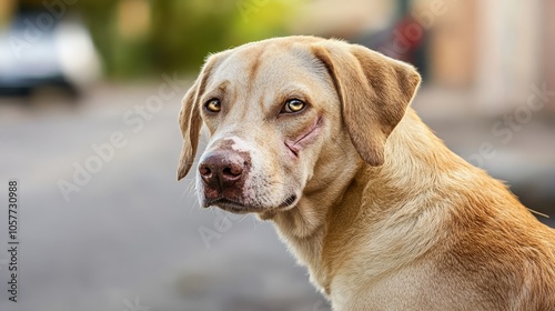 The face of resilience: a scarred dog abandoned on the street.