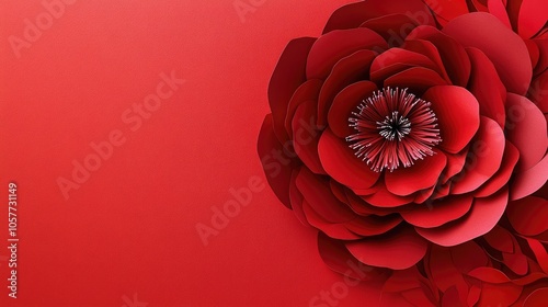 Red paper flower in full bloom against a red backdrop, combining artistry and bold color, perfect for unique design concepts.