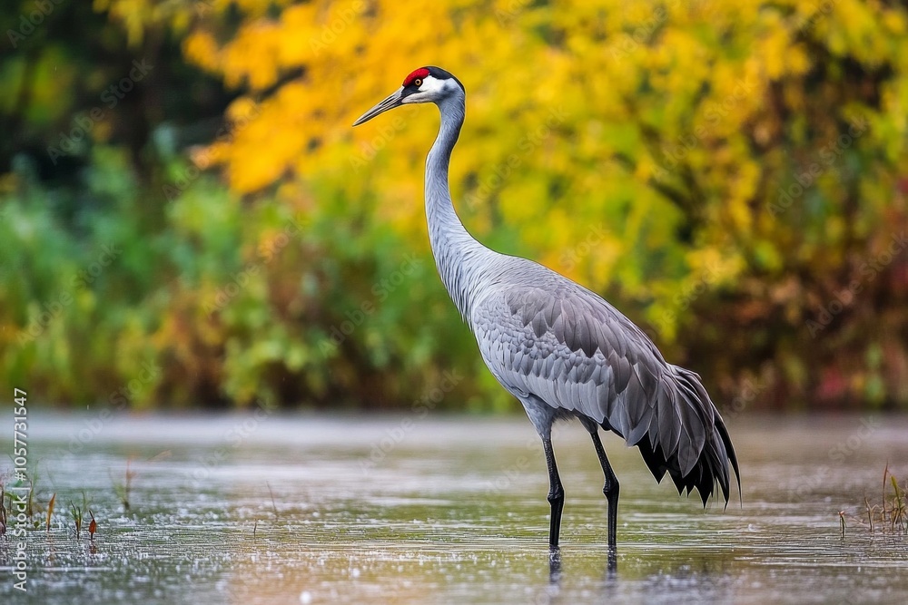 Naklejka premium Elegant crane standing in vibrant autumn wetlands