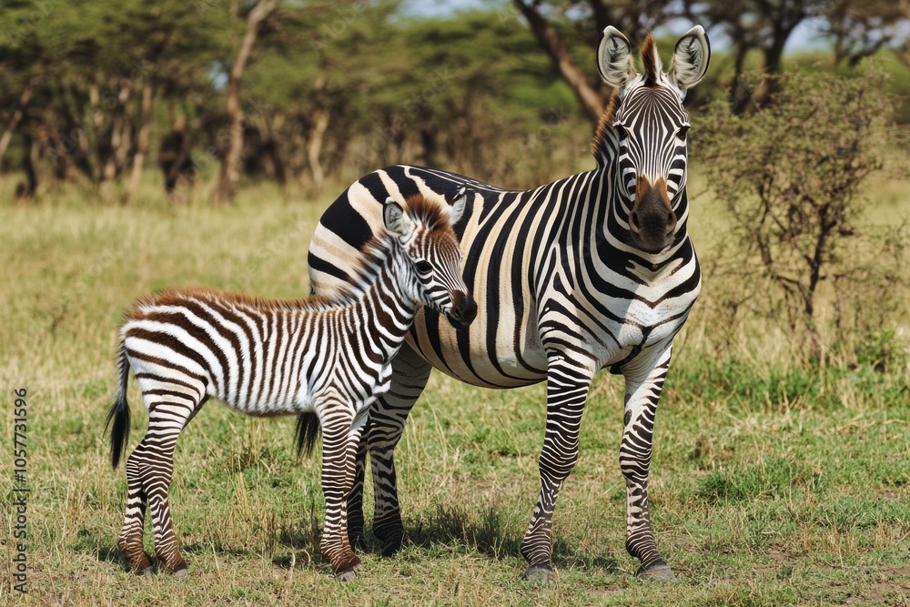 Naklejka premium Zebra and foal in natural habitat on african savannah