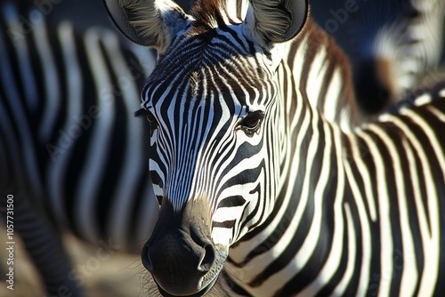 Close-up portrait of a zebra with striking black and white stripes in natural habitat