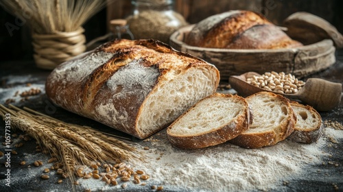 Freshly baked loaf of bread with slices and wheat on rustic table