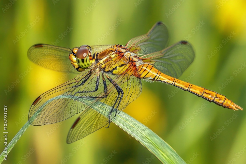 Vibrant orange dragonfly resting on leaf with delicate transparent wings in natural habitat Vibrant orange dragonfly resting on leaf with delicate transparent wings in natural habitat