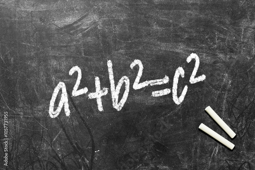 Equation relating the side lengths of a right triangle,Pythagorean theoram The sum of the areas of the two squares on the legs (a and b) equals the area of the square on the hypotenuse (c) a²+b²=c²  photo