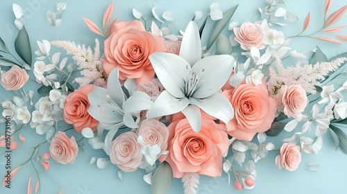Elegant floral arrangement with pink roses, white lilies, and greenery on a light blue background
