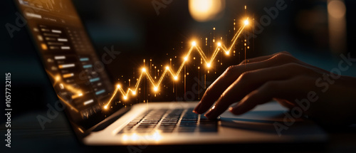 A hand typing on a laptop with a glowing upward graph, symbolizing data analysis, finance, or technology growth.