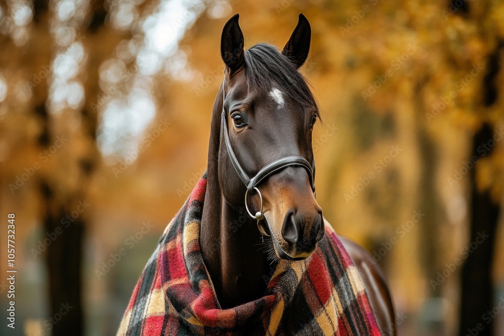 Obraz premium Elegant horse wrapped in a cozy plaid blanket in autumn woodland scene