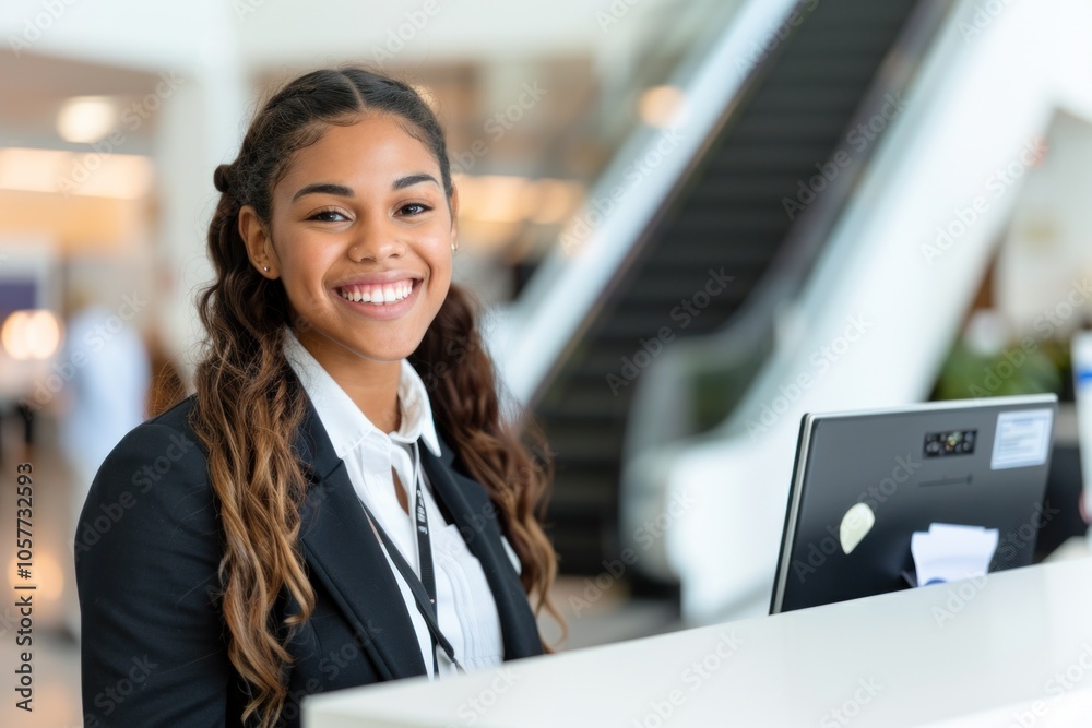 Smiling receptionist working at reception desk in modern office building lobby in the background Smiling receptionist working at reception desk in modern office building lobby in the background