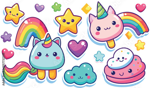 Cute Cartoon Stickers Unicorns, Rainbows, Stars  Treats