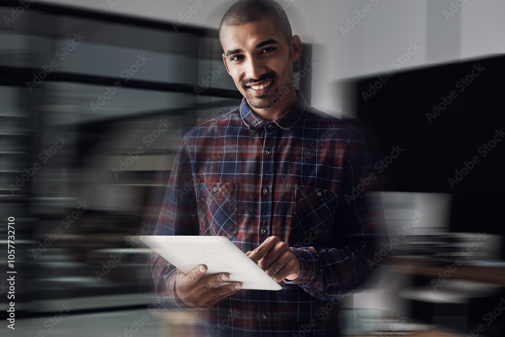 Employee, man and proud at office with tablet for online reviews, research and insights as social media manager. Male person, portrait and smile on internet or website for communication or networking