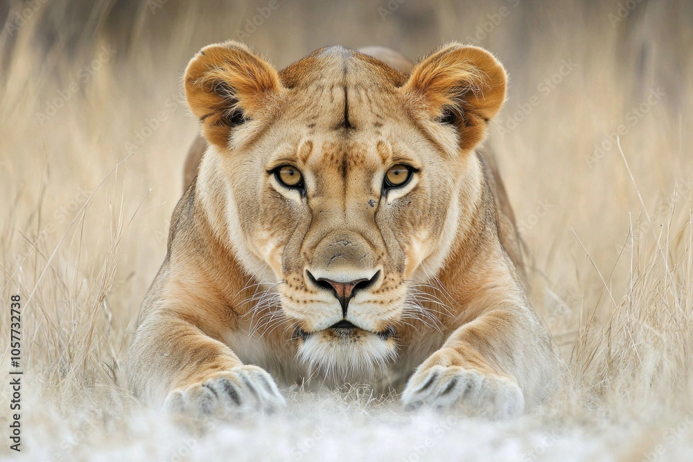 Obraz premium Majestic lioness lying in grassy savannah capturing intense gaze