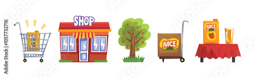 Juice Factory and Production Step Colorful Vector Set
