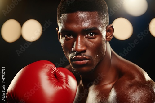 A focused boxer prepares for a match, showcasing determination and strength. photo