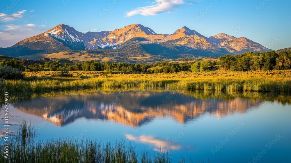 Crested butte mountain range reflecting in calm lake at sunset Crested butte mountain range reflecting in calm lake at sunset