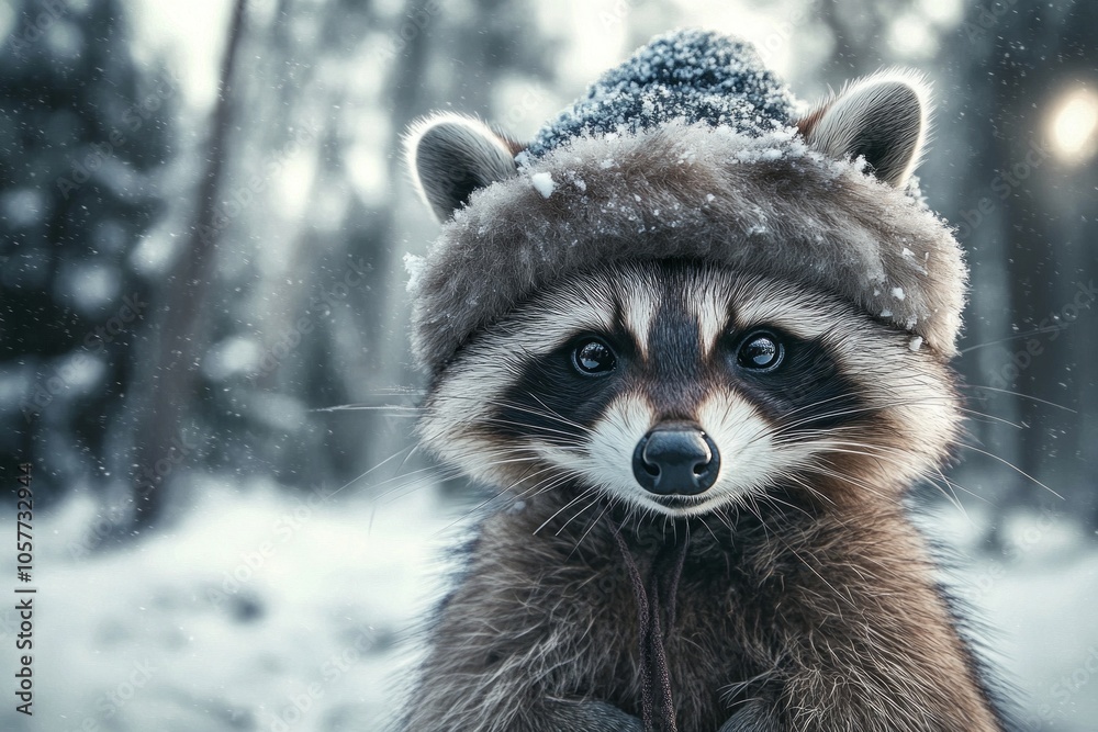 Adorable raccoon in winter forest with snowy hat Adorable raccoon in winter forest with snowy hat