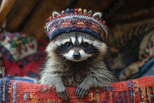 Charming raccoon wearing colorful knit hat on cozy blanket photo