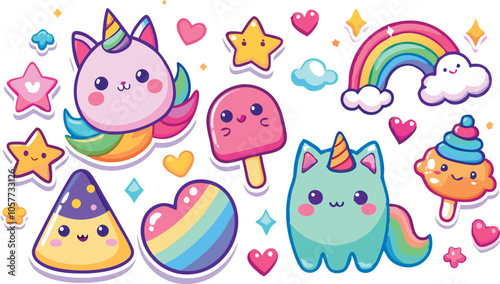 Cute Kawaii Stickers Unicorns, Rainbows, and Hearts