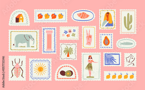 Set of vintage summer post card stamp illustration. Retro style beach travel postage sticker collection, exotic tropical vacation mail postmark, jungle nature postal label clip art.
