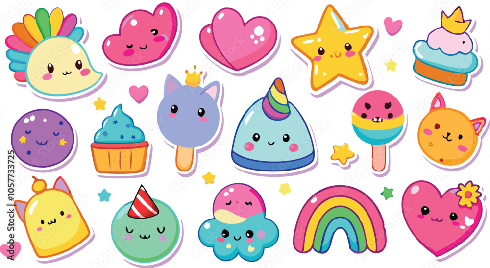 Fototapeta premium Cute Kawaii Stickers Hearts, Stars, and More