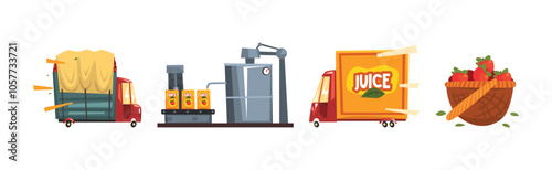 Juice Factory and Production Step Colorful Vector Set