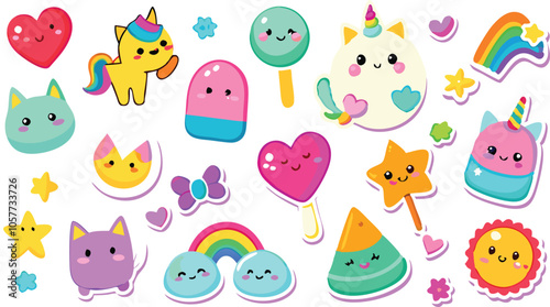 Cute Cartoon Stickers Animals, Sweets, Stars