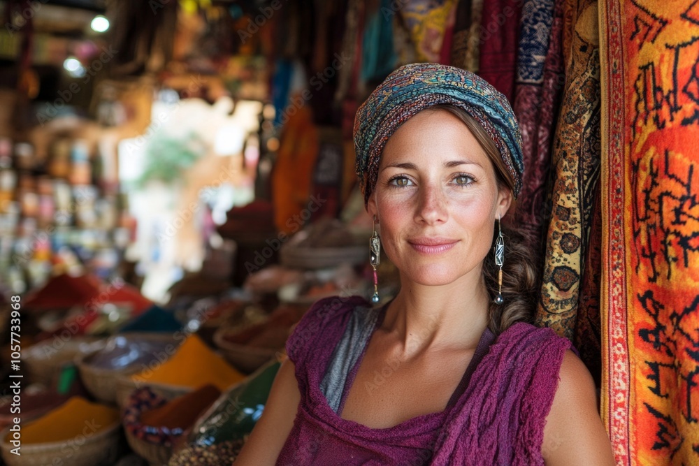 Obraz premium Woman in a colorful bazaar surrounded by textiles and spices