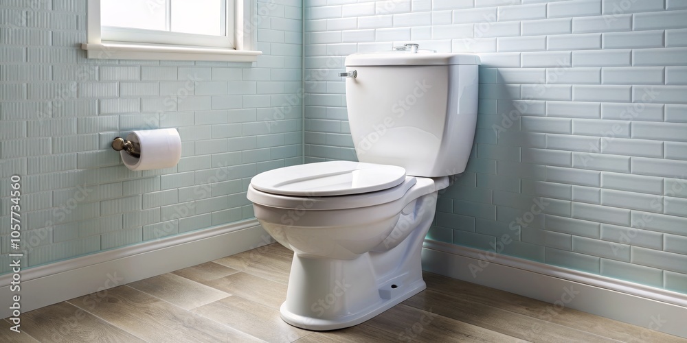 Modern White Toilet in a Minimalist Bathroom with Light Blue Tile Walls and Wood Floor