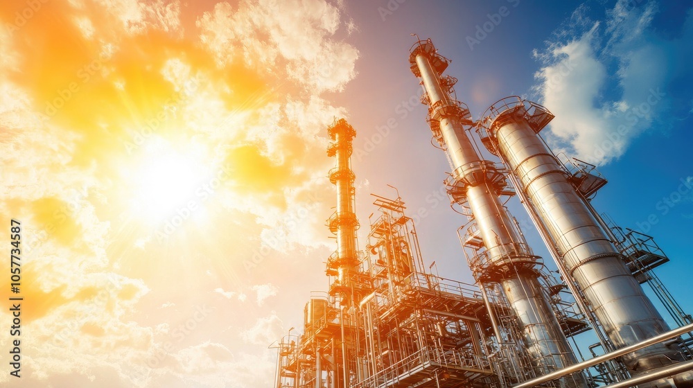 Obraz premium Towering Distillation Columns at a Fuel Processing Plant