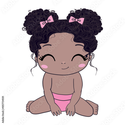 Cute baby girl sitting and smiling. Active dark skin baby of 3-12 months dressed in baby clothes. First years baby development. African ethnicity child. Vector illustration in pastel colors.