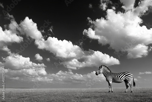 Majestic zebra under vast cloudy sky in serene grassland landscape