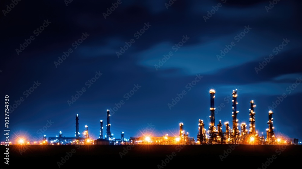 Fototapeta premium Brightly Lit Refinery at Night Under a Starry Sky