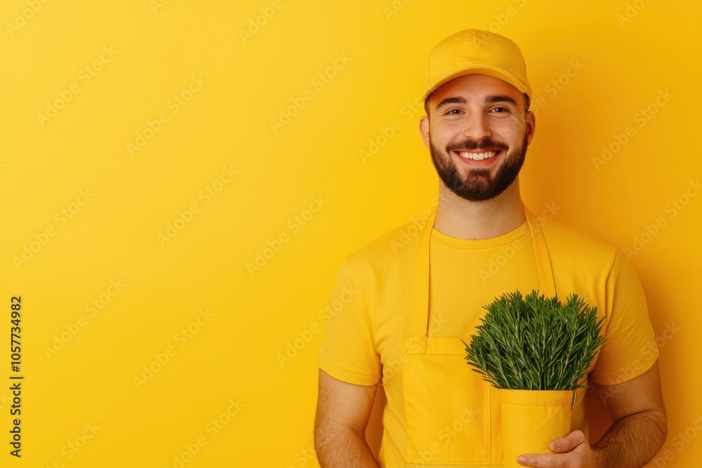 Smiling man in yellow outfit holding a potted plant, vibrant yellow background. Smiling man in yellow outfit holding a potted plant, vibrant yellow background.