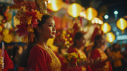 Sinulog Festival, dancers line up in red and yellow costumes, carrying the statue of the Santo Niño, Ai generated images photo