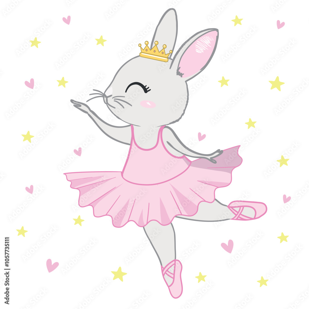 Cute cartoon ballet dancer bunny. Little rabbit character dancing in pink tutu. Kawaii simple vector drawing, art illustration. Cute cartoon ballet dancer bunny. Little rabbit character dancing in pink tutu. Kawaii simple vector drawing, art illustration.