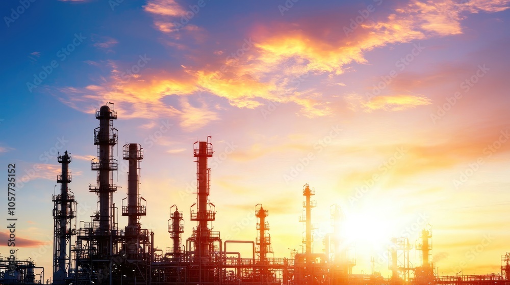 Sunset View of Vast Refinery Under Colorful Sky Sunset View of Vast Refinery Under Colorful Sky
