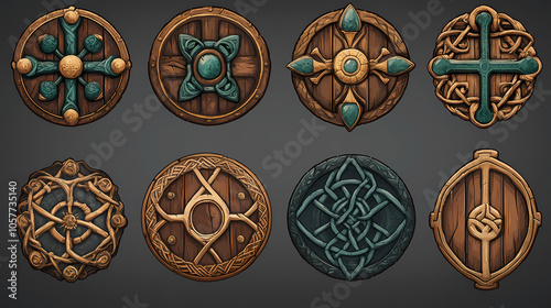 A set of celtic shields and crosses made of wood, metal and semi-precious stones. antique items for war and religion. isolated on transparent background. Celtic Druid Circle. Illustration