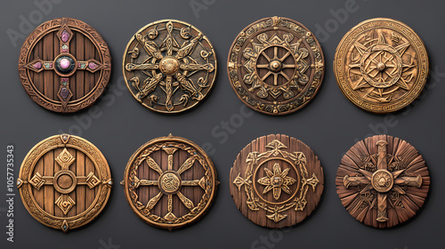 A set of celtic shields and crosses made of wood, metal and semi-precious stones. antique items for war and religion. isolated on transparent background. Celtic Druid Circle. Illustration