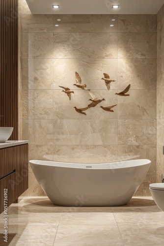 Modern bathroom design featuring a freestanding bathtub with elegant stone tiles, recessed shelf, and avant-garde decor photo