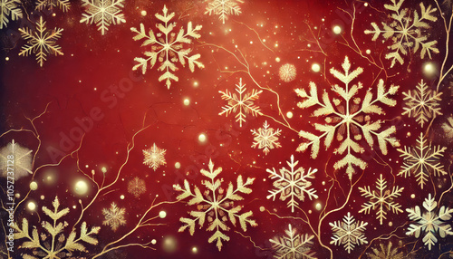 Festive Red Winter Background with Elegant Golden Snowflakes and Branches